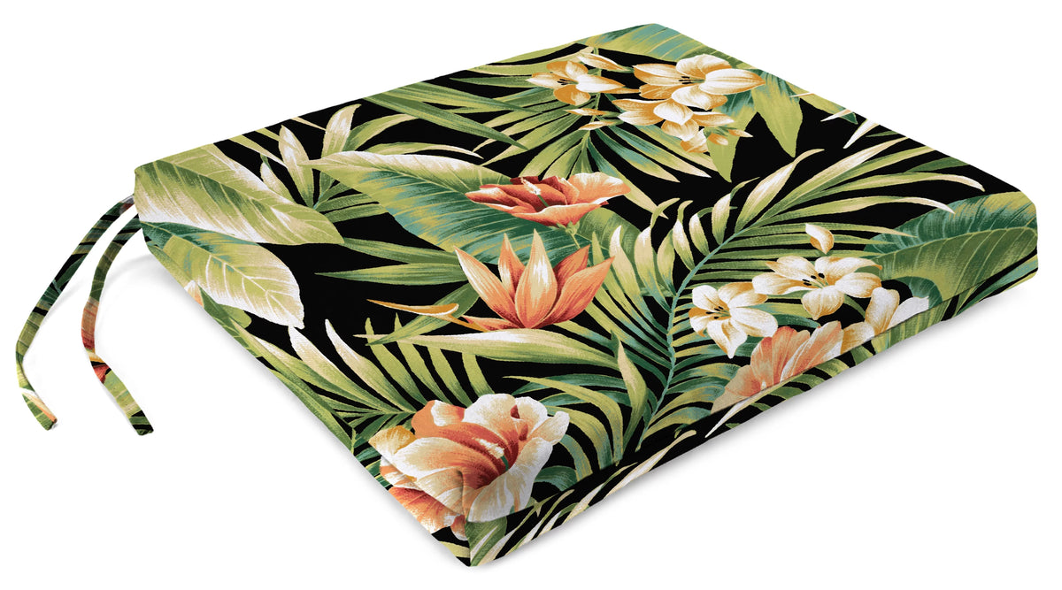 Black Leaves Rectangular Outdoor Chair Pad Seat Cushion with Ties, 2 Pack F33843