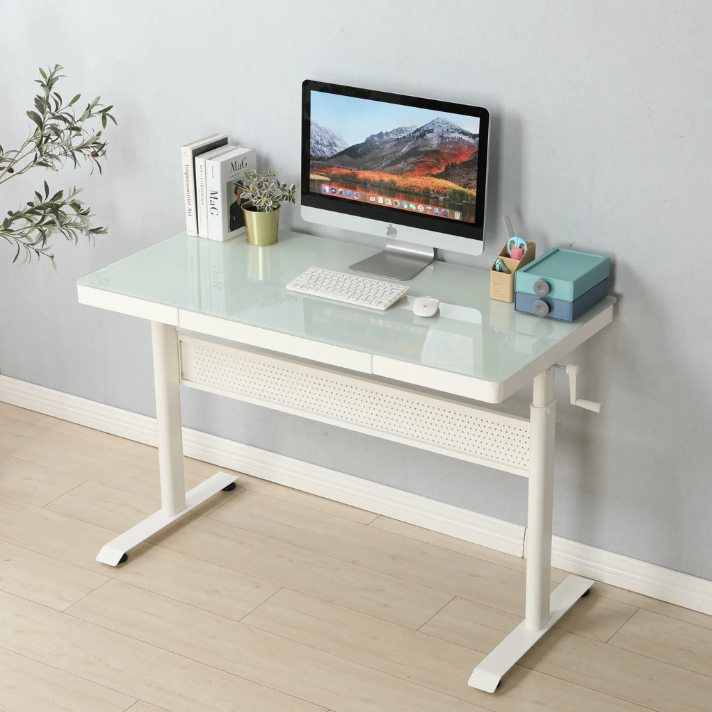 Tempered Glass Adjustable Height Standing Desk with Metal Drawer D13738