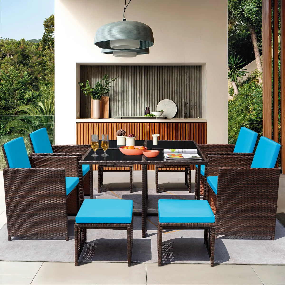 9 Pieces Outdoor Dining Set Wicker Chairs with Glass Table W29217