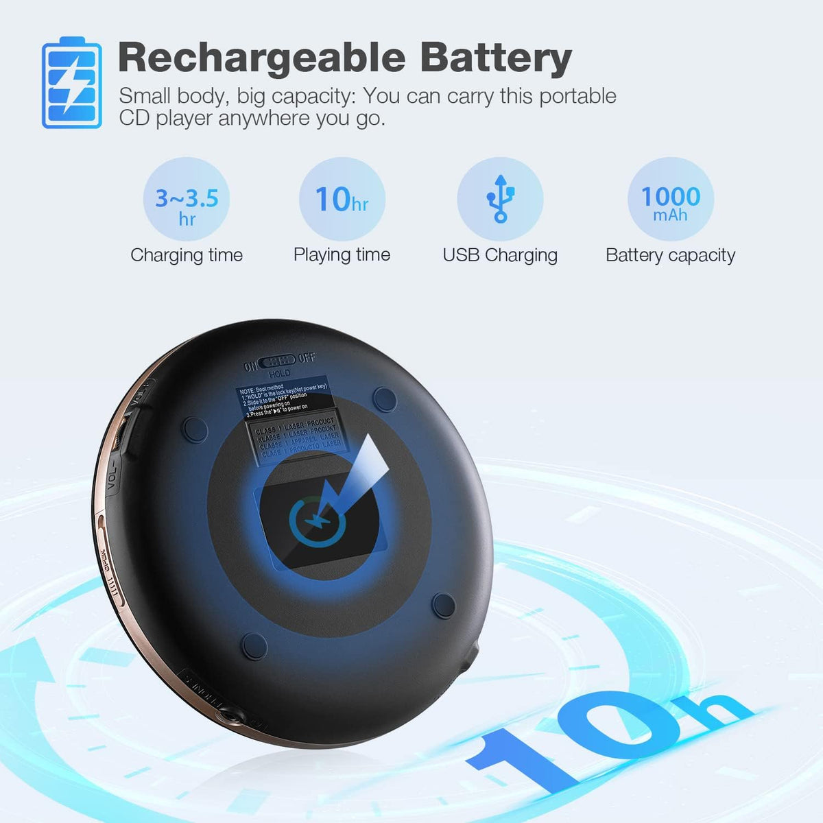 Portable Bluetooth CD Player Rechargeable Black Q9646
