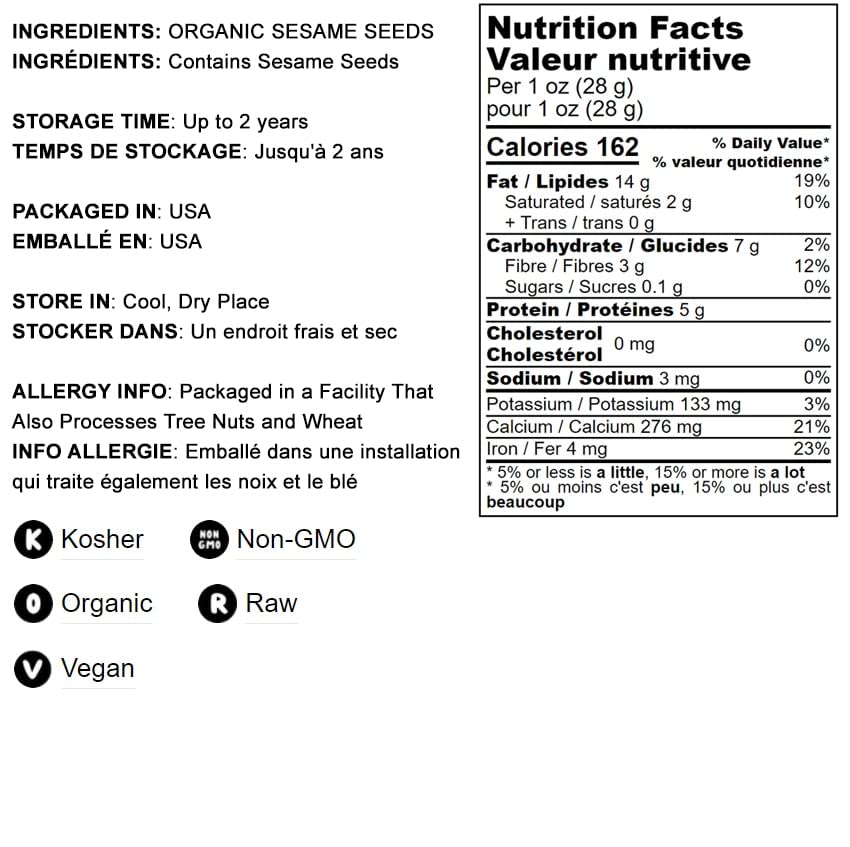 Organic Hulled Sesame Seeds, 1 Pound, Whole Raw White Sesame Seeds, Non-GMO, Kosher, Vegan, Unroasted M799935