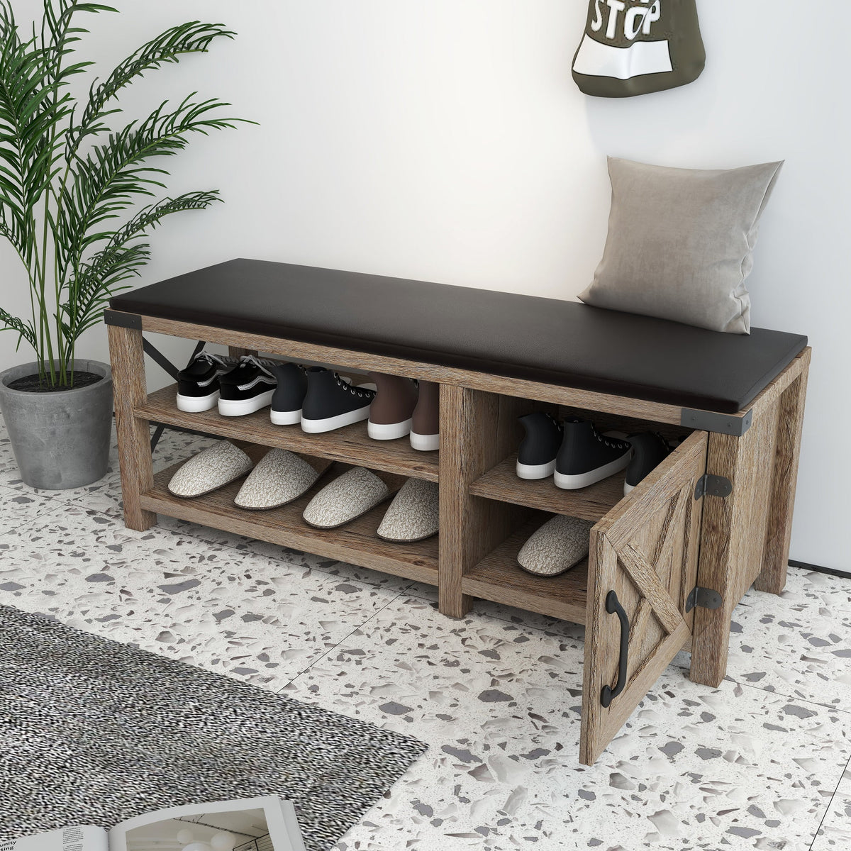 Light Brown 2-Tier Shoe Storage Bench with Cushion Seat Q476446