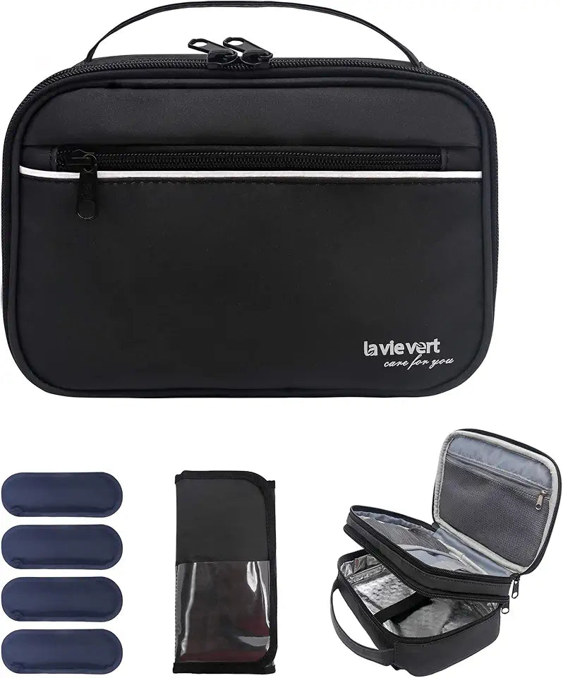 Black Insulin Cooler Case with Shoulder Strap and 4 Ice Packs E6493