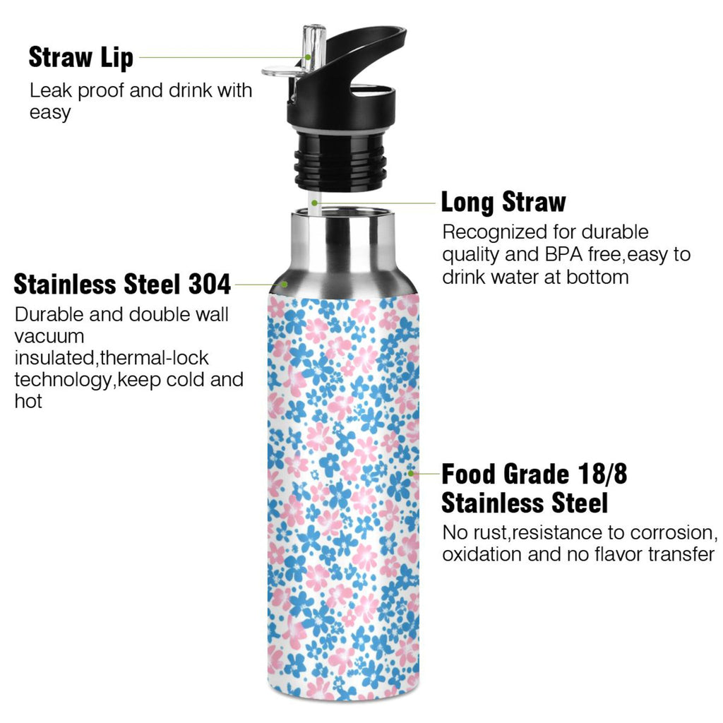 Pink and Blue Floral Insulated Stainless Steel Water Bottle with Straw Lid 20 oz D5162