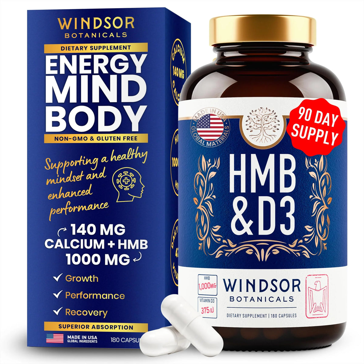 HMB and Vitamin D3 Supplement Capsules 1,000 MG 180 Capsules U398817