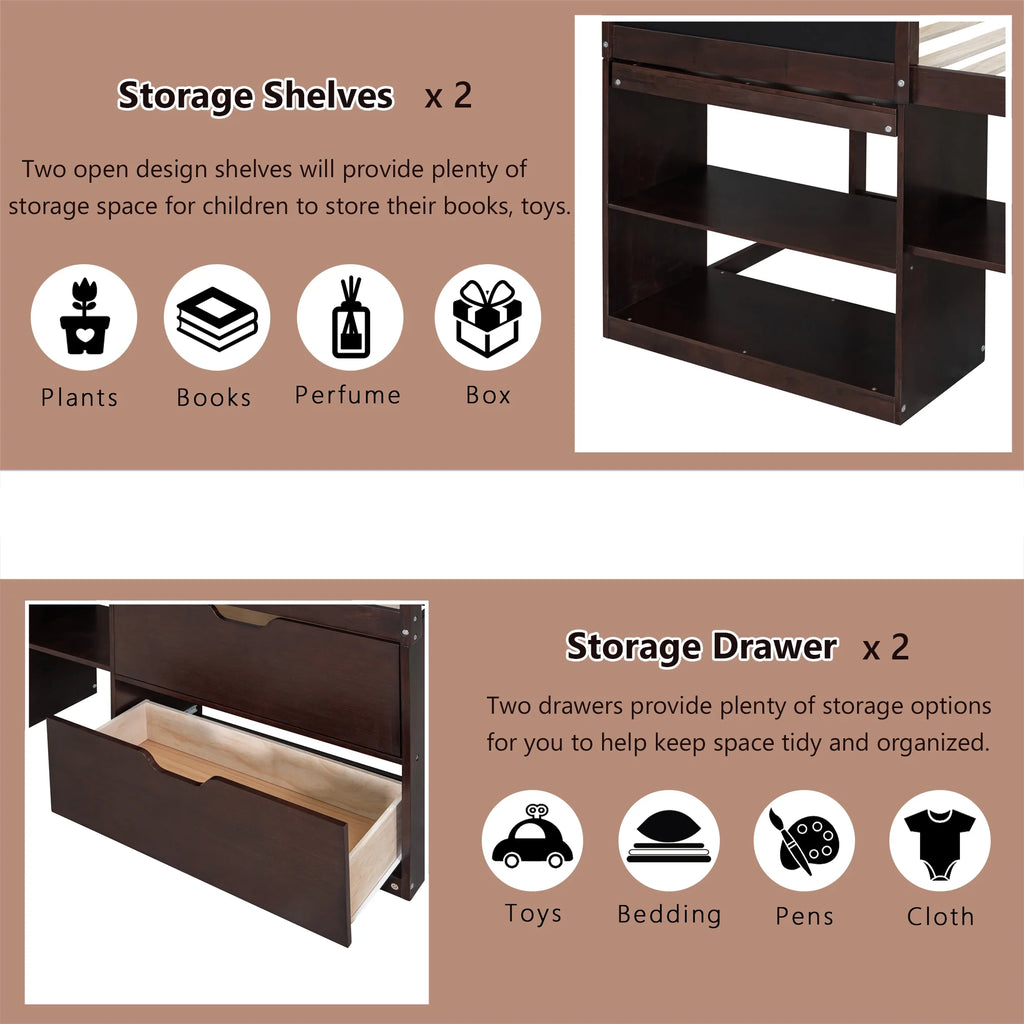 Twin Size Solid Wood Loft Bed with Drawers Shelves and Ladder M6609
