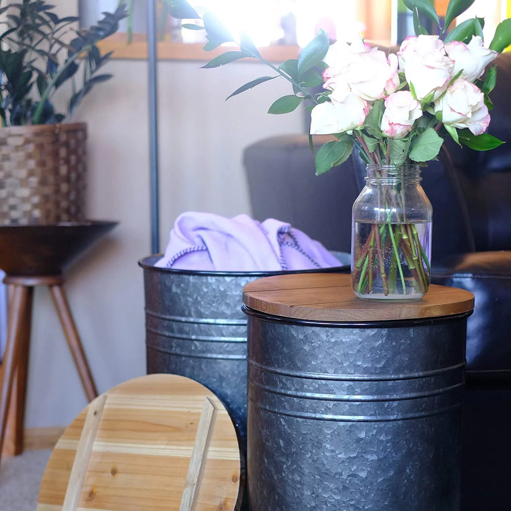 2pk Galvanized Metal Barrel Side Table Ottoman Set J447