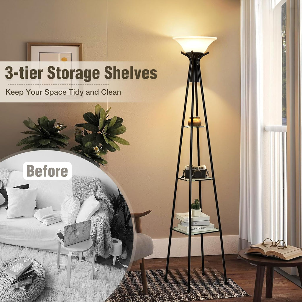 Black 69” Tall 3-Tier Glass Shelf Floor Lamp with 8W Bulb X597811