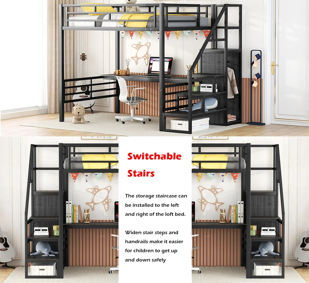 Full Size Black Metal Loft Bed with Storage Staircase and Desk V32560