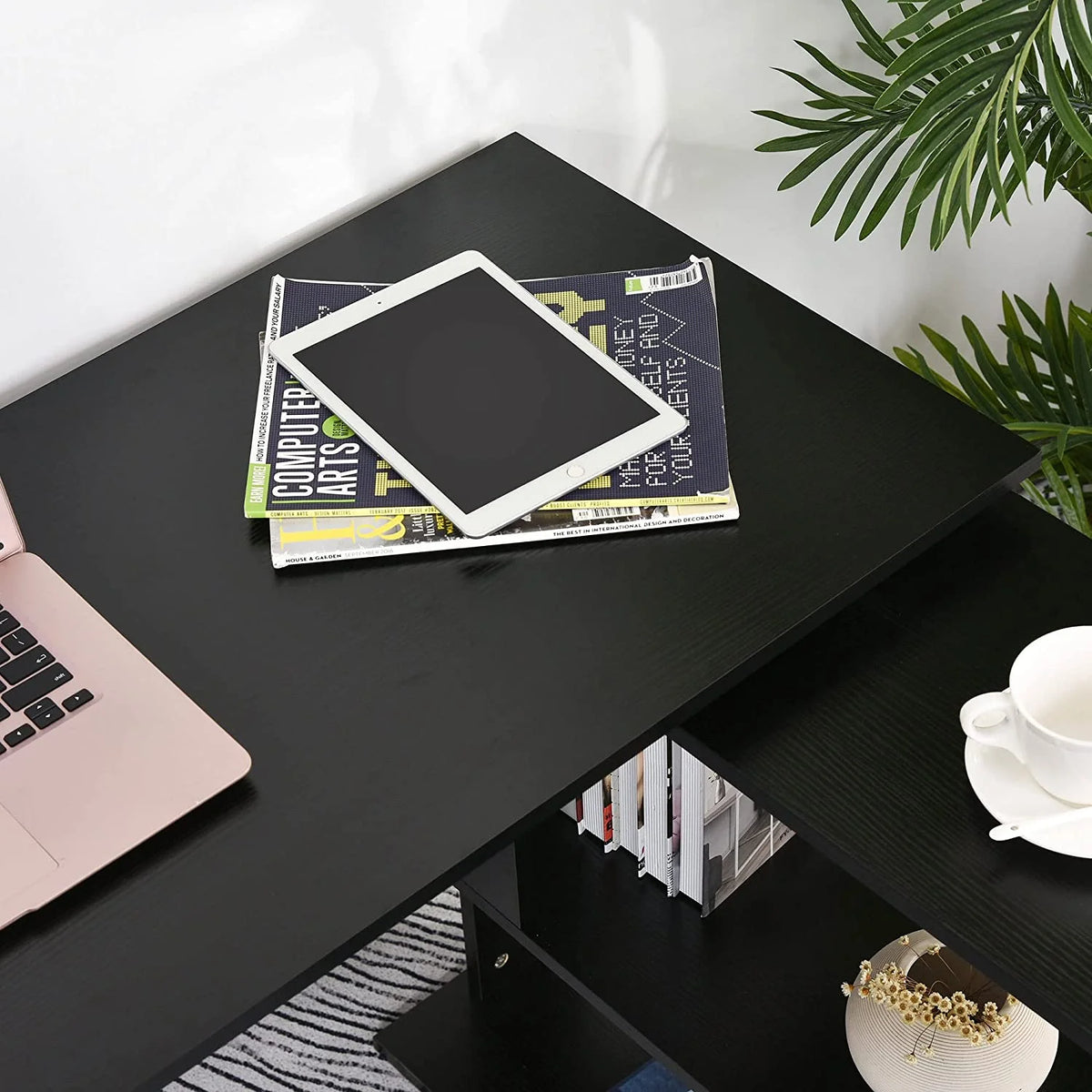 L Shaped Corner Desk with Storage Shelves, Black K339855