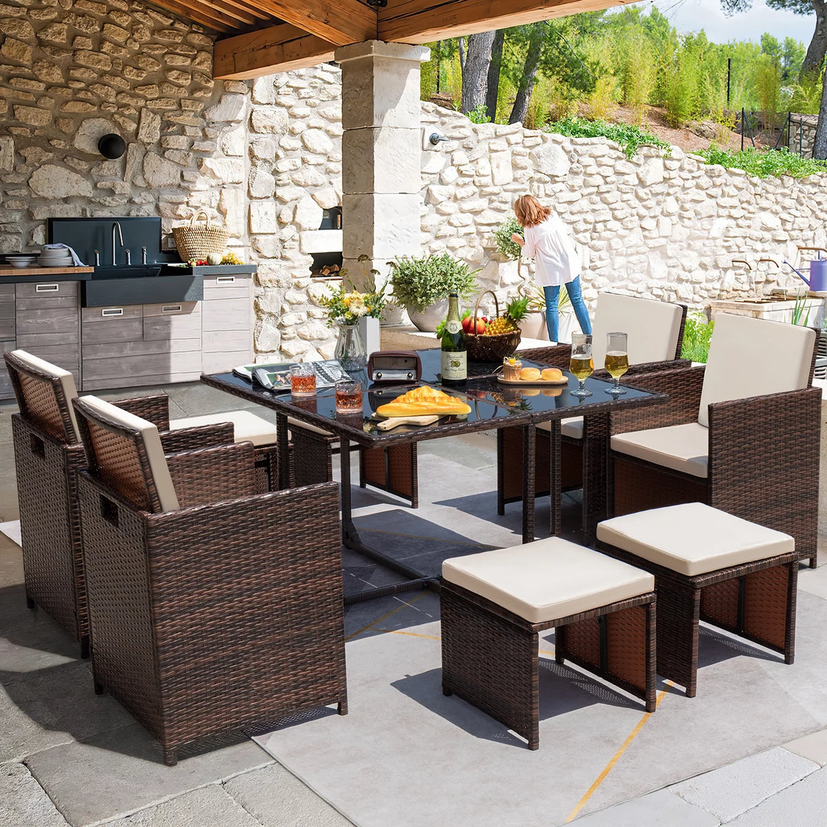 9 Pieces Outdoor Dining Set Wicker Chairs with Glass Table W29217