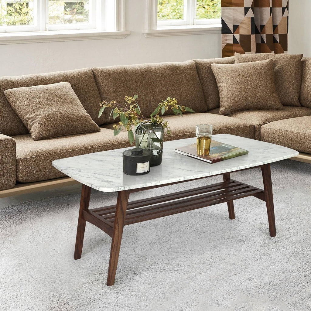 Italian Carrara White Marble Coffee Table with Oak Shelf W158093