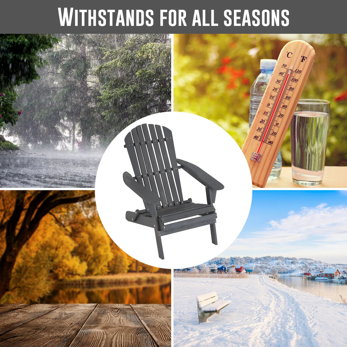 Folding Adirondack Chair Weather Resistant Wood Patio Chair Grey Z642