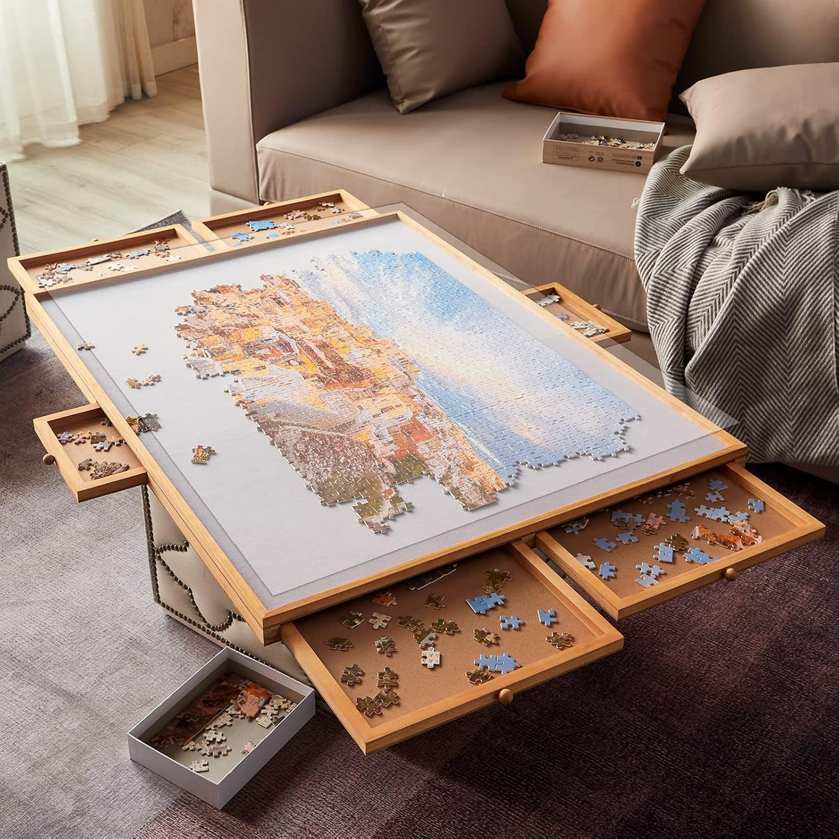 Wooden Puzzle Table with Drawer, Non-Slip Felt Surface, Portable Puzzle Board, 1000 Pieces M857256