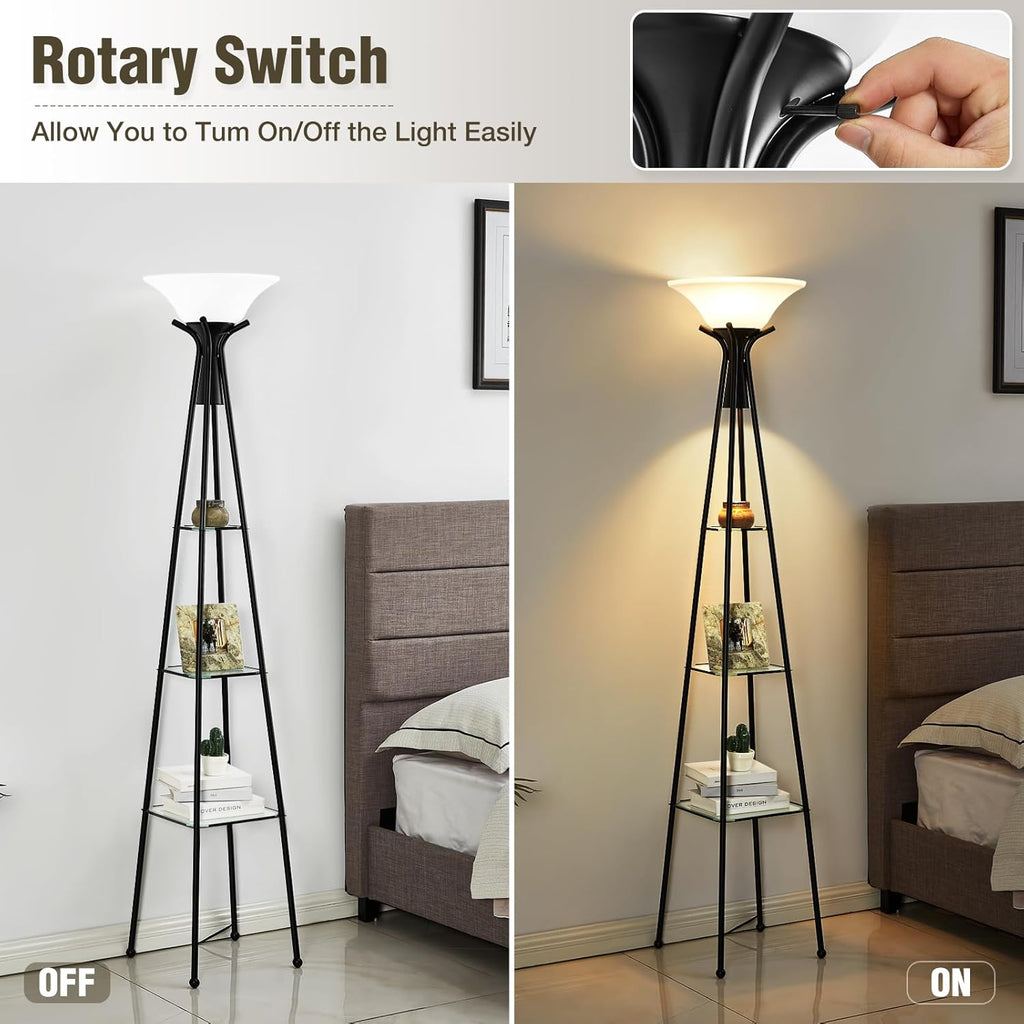 Black 69” Tall 3-Tier Glass Shelf Floor Lamp with 8W Bulb X597811