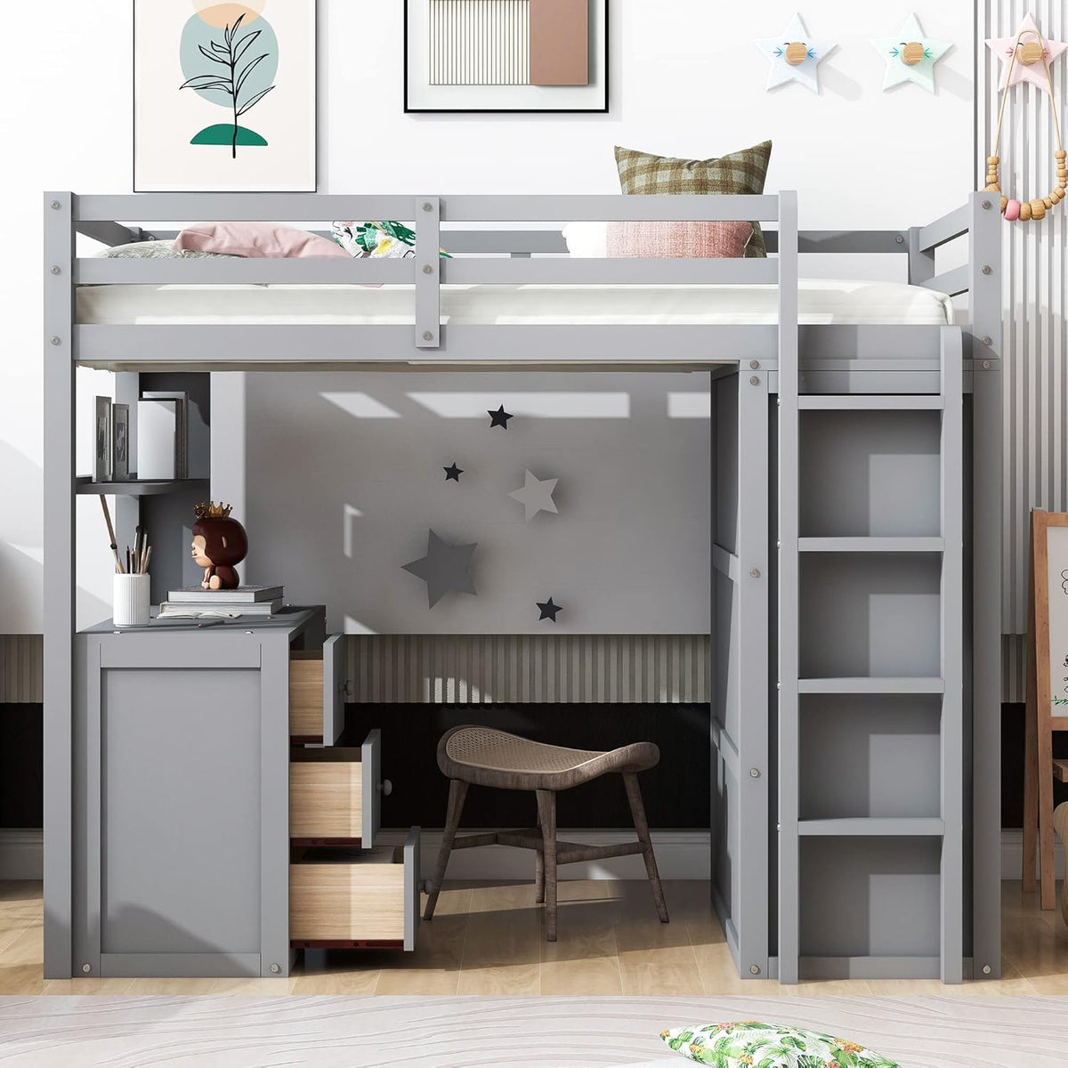 Gray Twin Loft Bed with Desk, 3 Drawers, and Wardrobe L1992