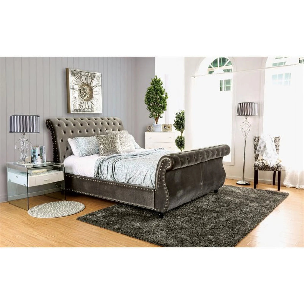 Gray Fabric Queen Sleigh Bed W811