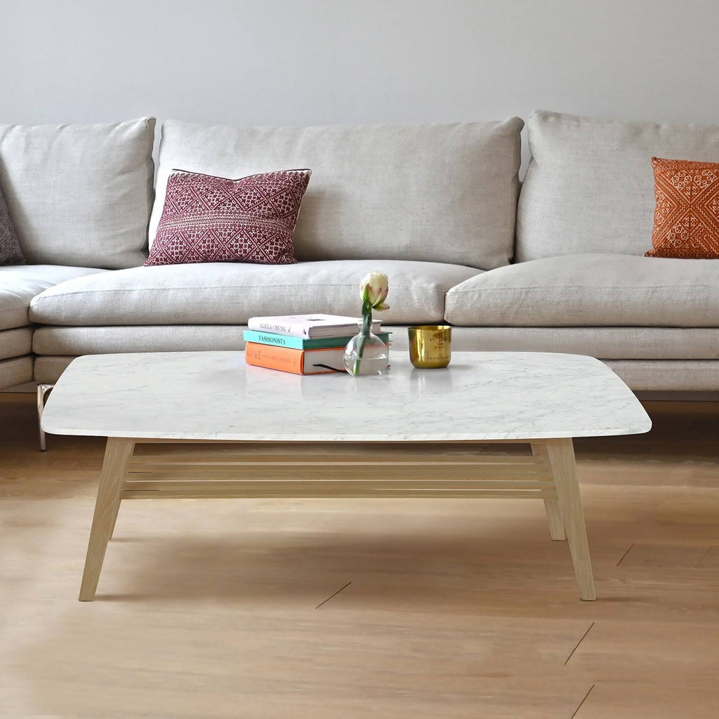 Italian Carrara White Marble Coffee Table with Oak Shelf W158093