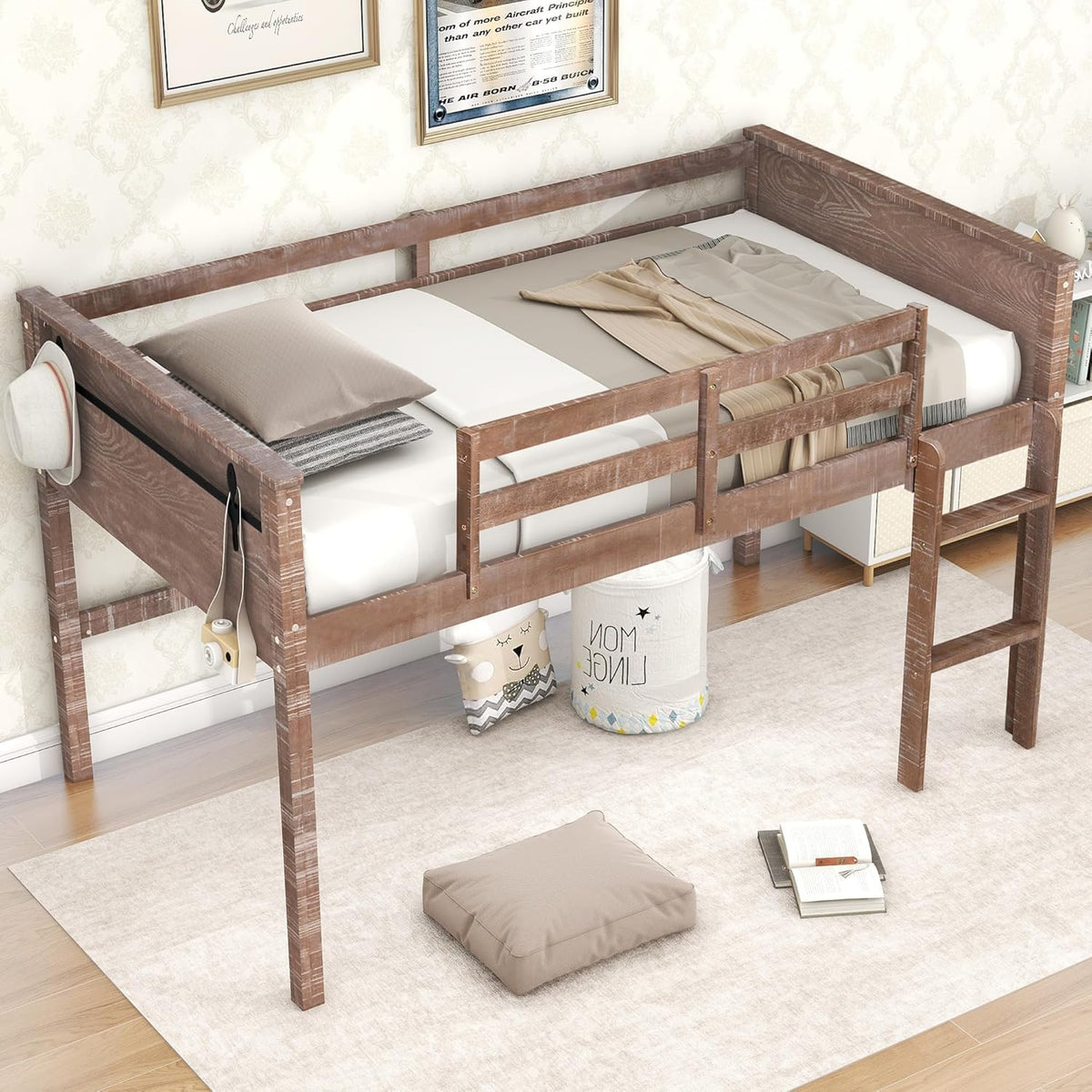 Twin Size Wood Loft Bed with Hanging Clothes Rack M207665
