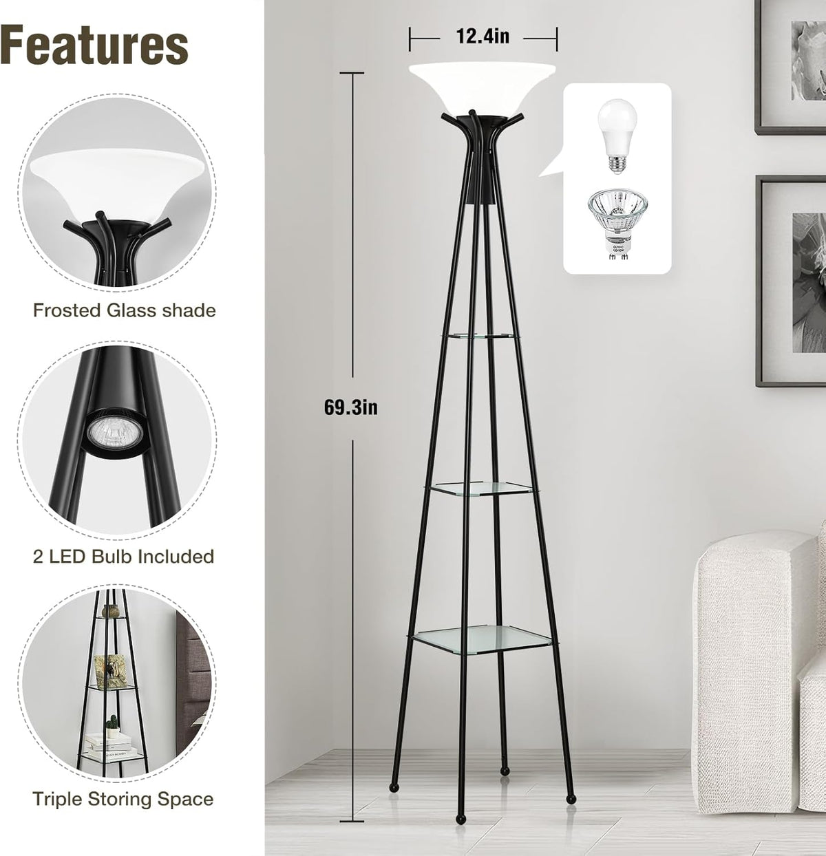Black 69” Tall 3-Tier Glass Shelf Floor Lamp with 8W Bulb X597811