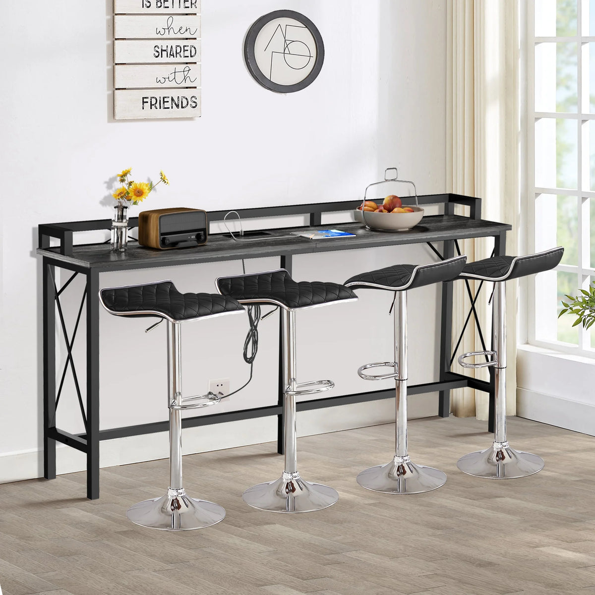 Black 5-Piece Console Table and Stool Set with 4 Adjustable Swivel Chairs E44252