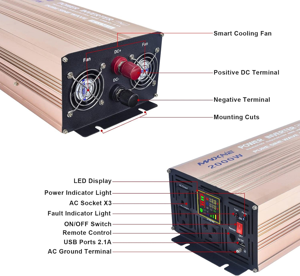 2000 Watts Pure Sine Wave Power Inverter with LCD Display C758303