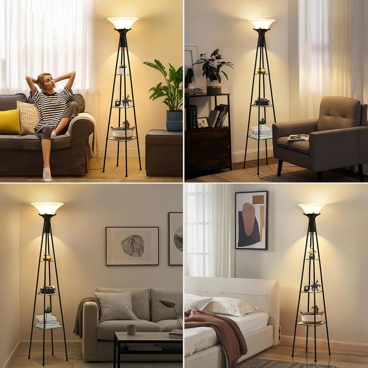 Black 69” Tall 3-Tier Glass Shelf Floor Lamp with 8W Bulb X597811
