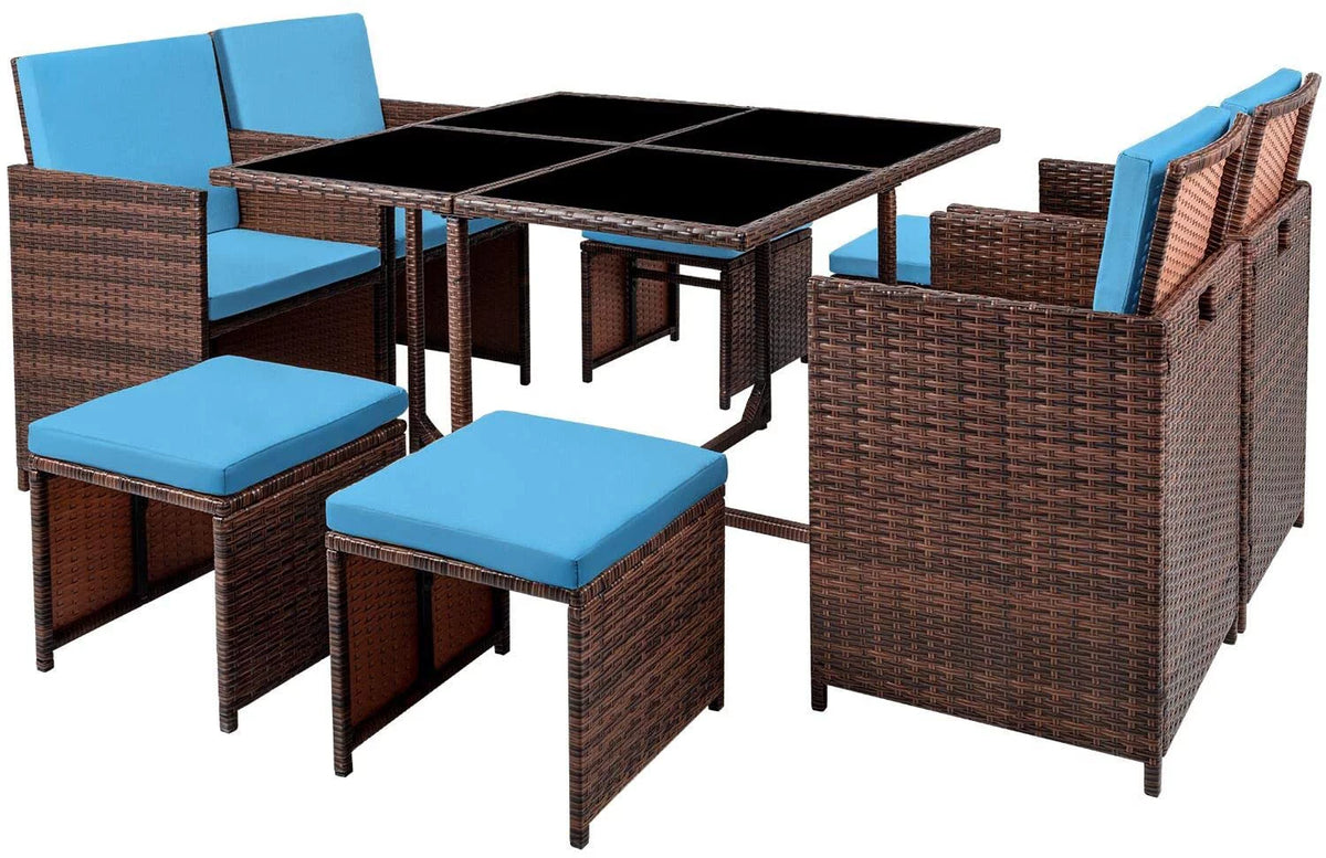 9 Pieces Outdoor Dining Set Wicker Chairs with Glass Table W29217