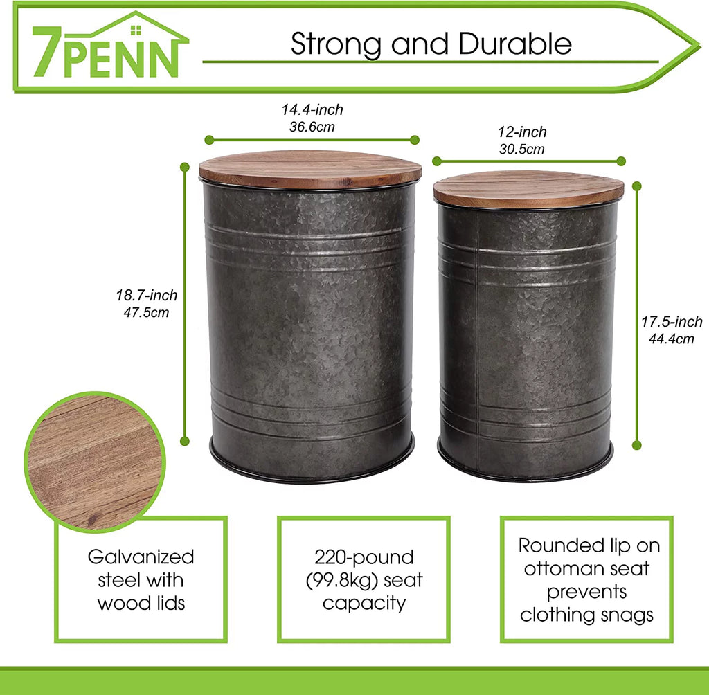 2pk Galvanized Metal Barrel Side Table Ottoman Set J447
