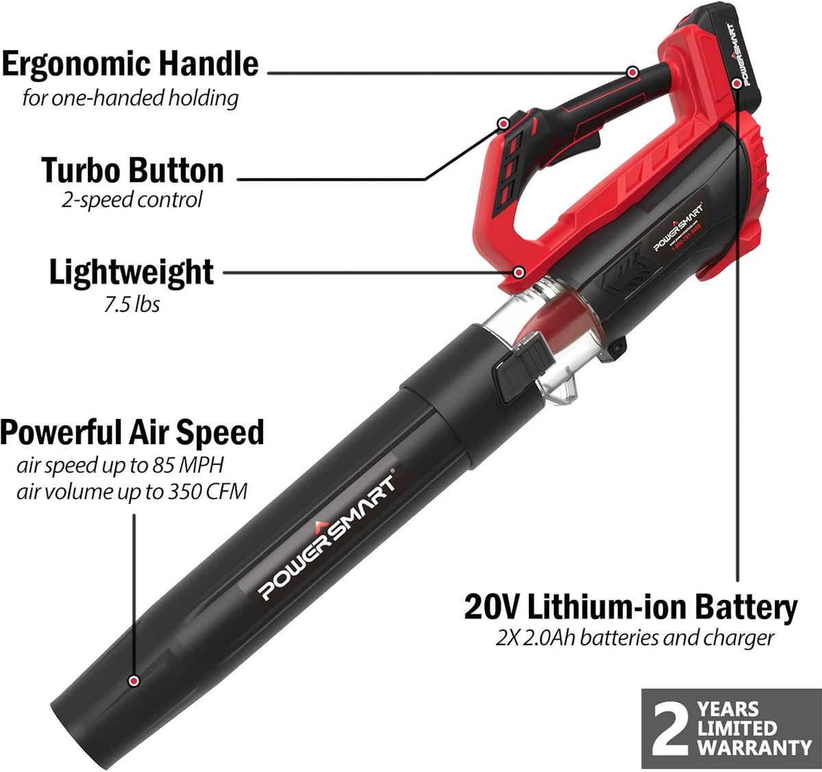 Cordless Leaf Blower with 2PCS 20V MAX 2.0Ah Battery and Charger C25306