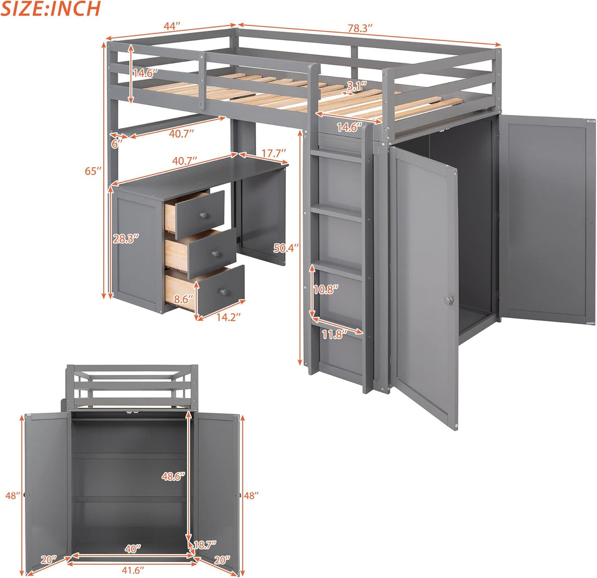 Gray Twin Loft Bed with Desk, 3 Drawers, and Wardrobe L1992
