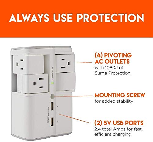 USB Wall Charger Surge Protector with 4 Pivoting AC Outlets & 2 USB Ports A2958