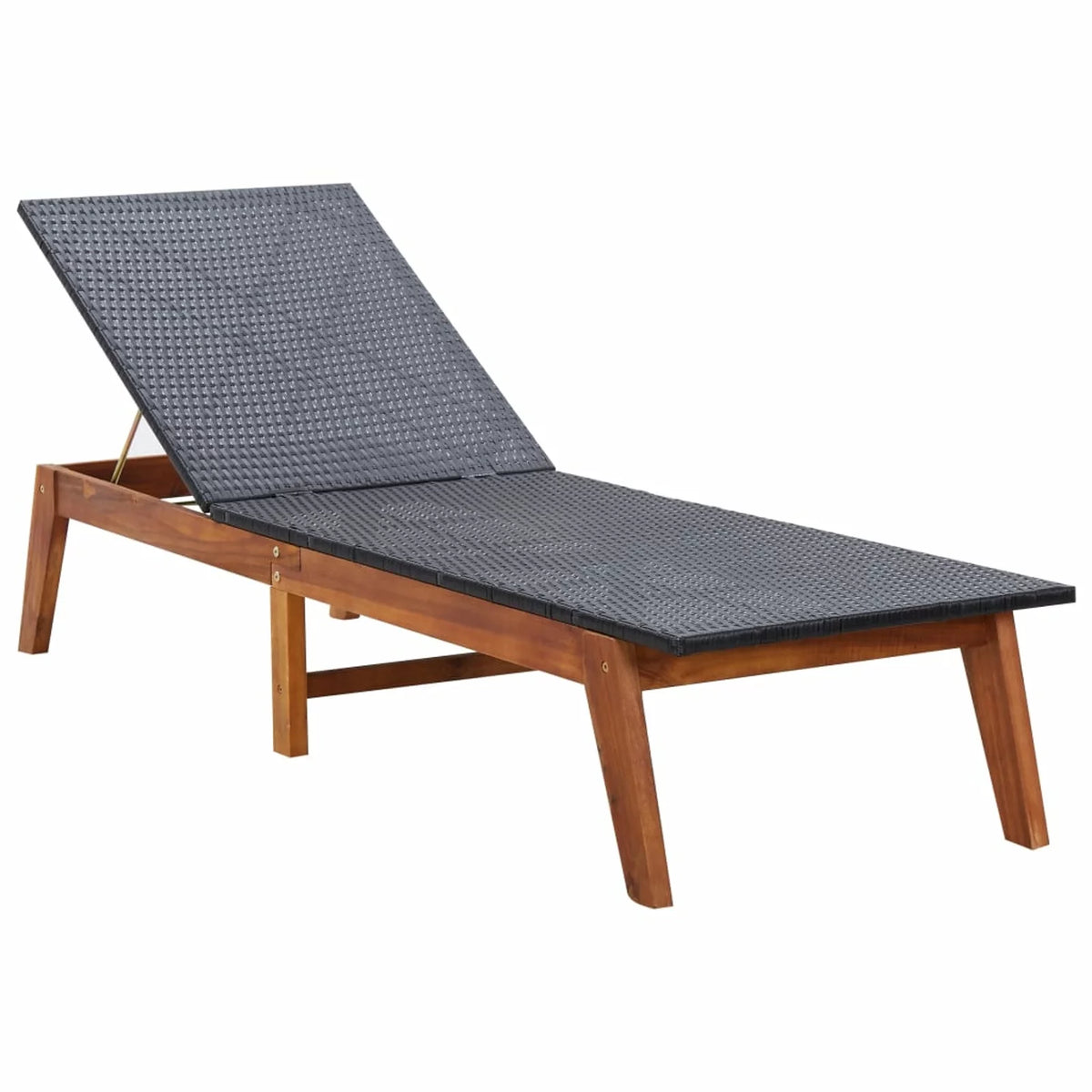 Black Poly Rattan Acacia Wood Adjustable Chaise Lounge Chair E43184