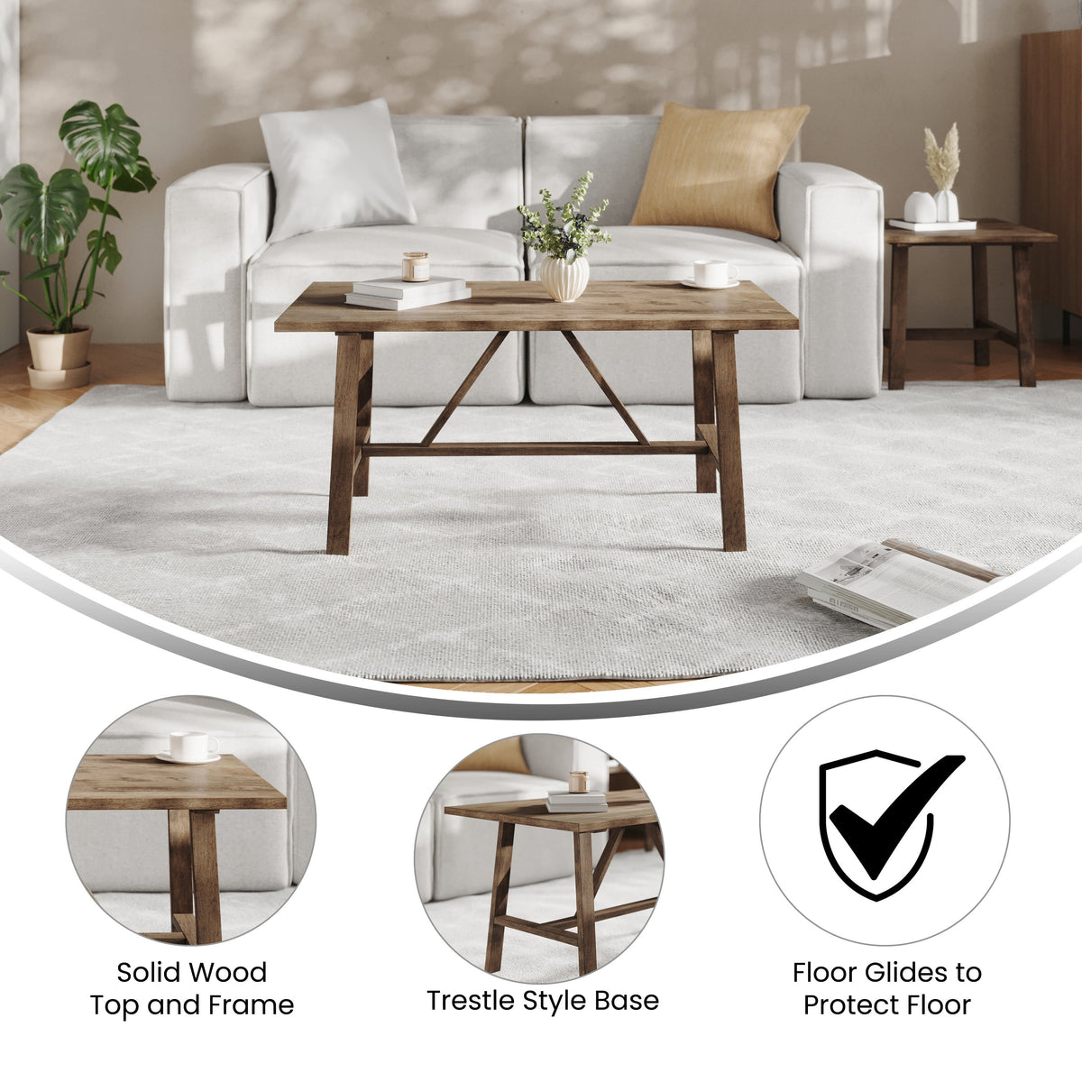 Solid Wood Trestle Coffee Table in Rustic Brown C260451