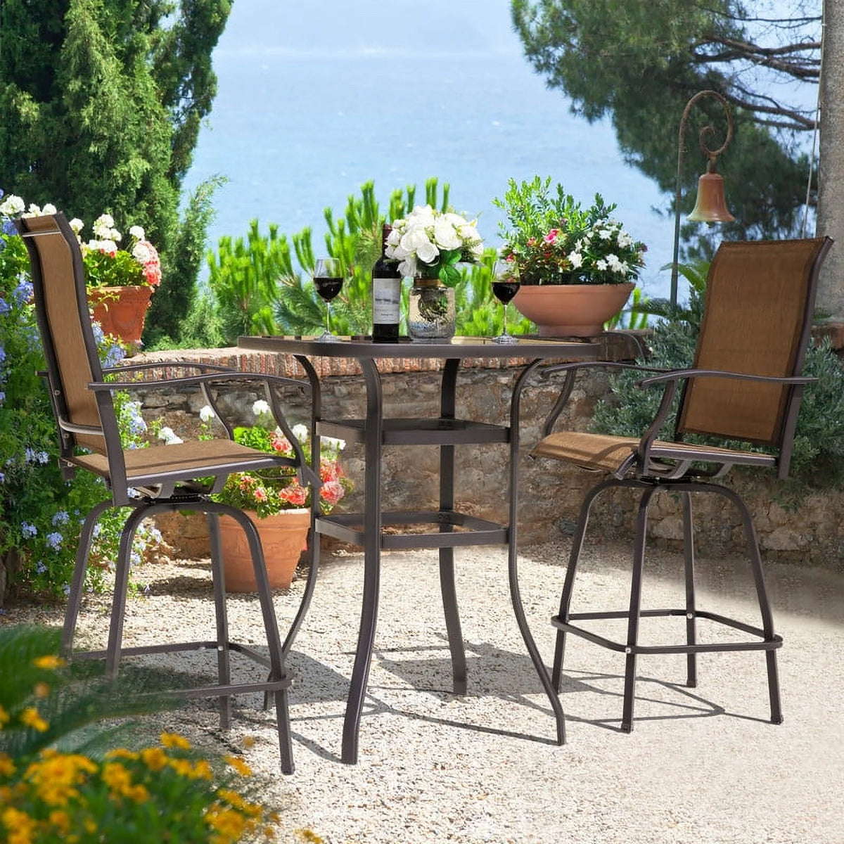 3 Pc Brown Outdoor Bar Height Swivel Bistro Set E65176
