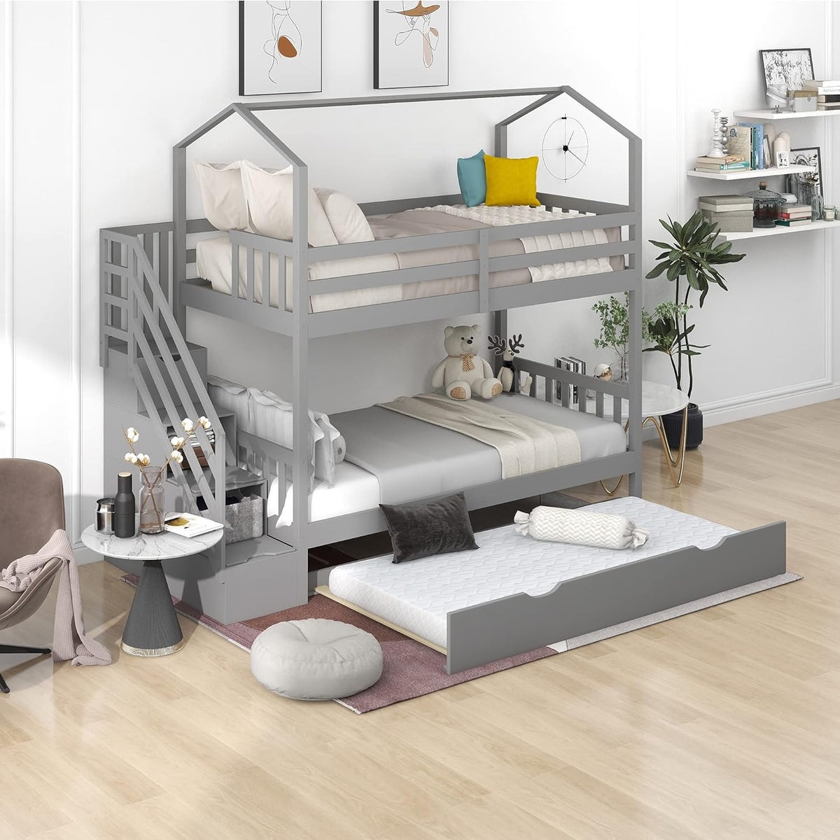 Solid Wood Twin-Over-Twin Bunk Bed with 3 Storage Drawers and Safety Guard Rail (Walnut) K1066