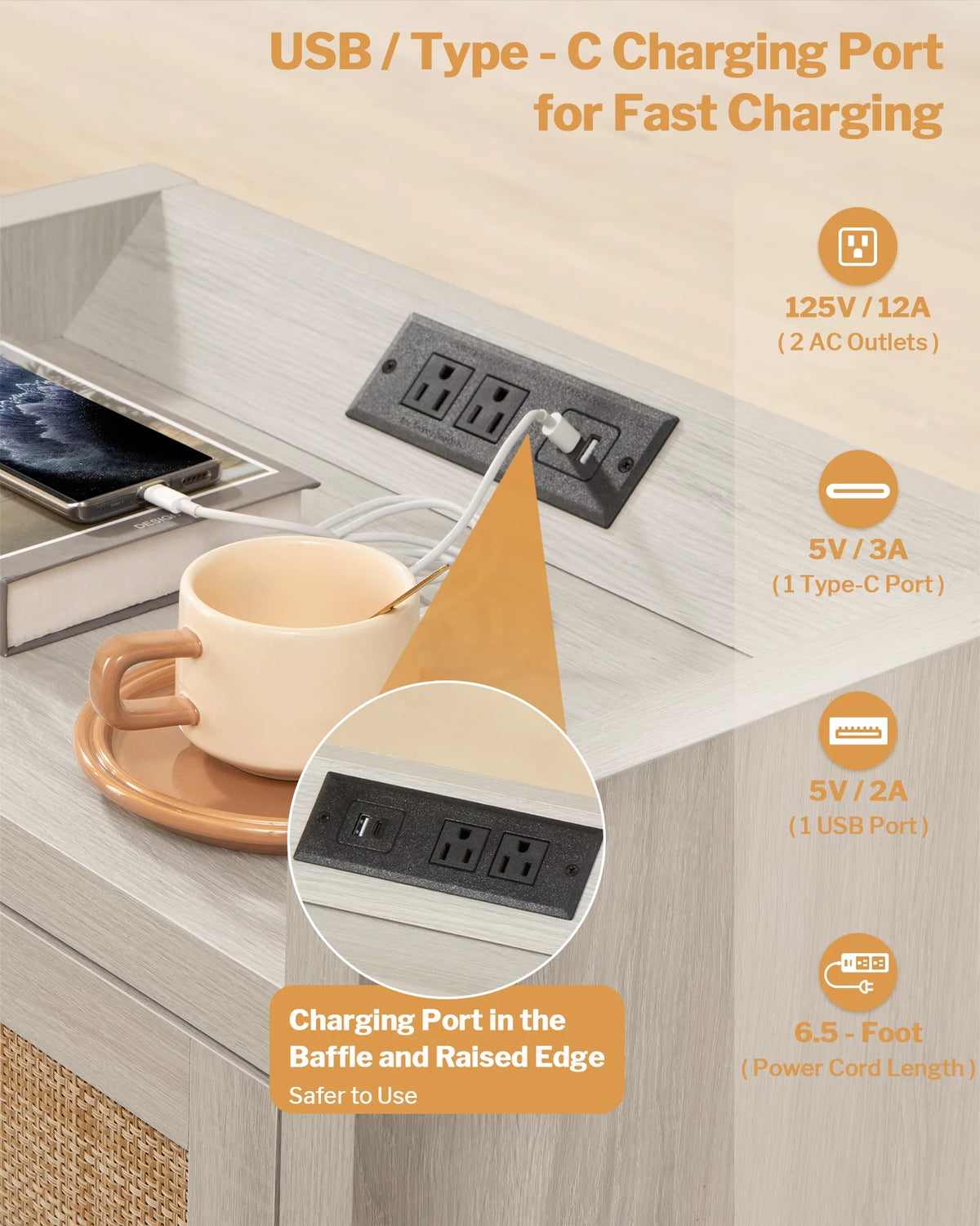 Rattan Nightstand Set of 2 with USB Type-C Charging Station I58576