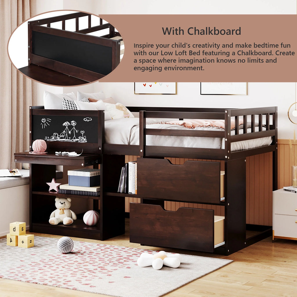 Twin Size Solid Wood Loft Bed with Drawers Shelves and Ladder M6609