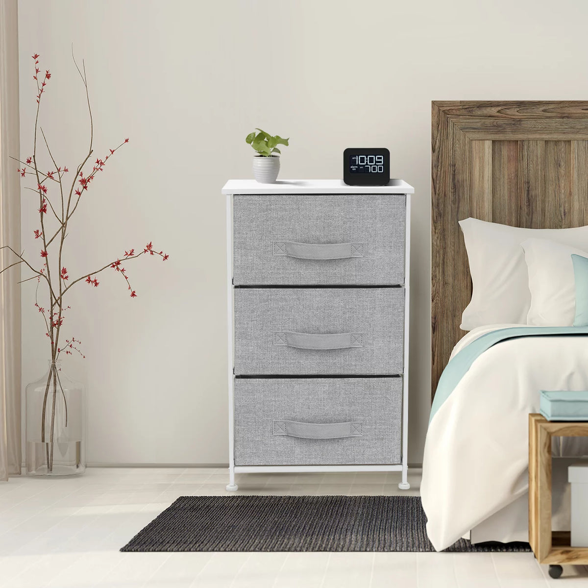 3 Drawer Nightstand with Fabric Bins J705673