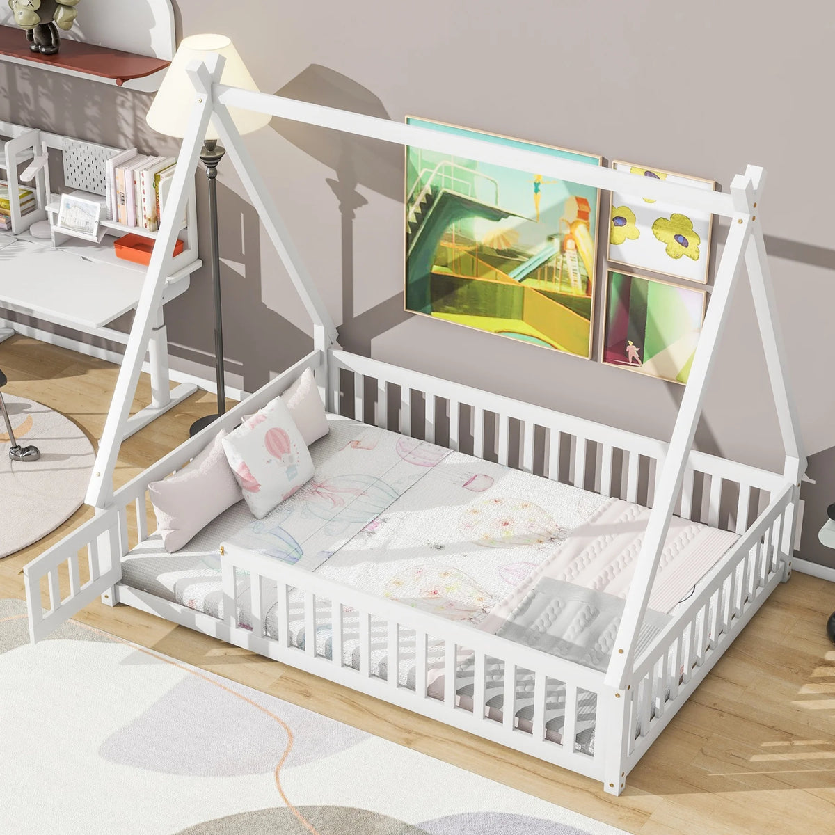 Twin Size Grey Wooden Floor Bed with Guardrail M2995