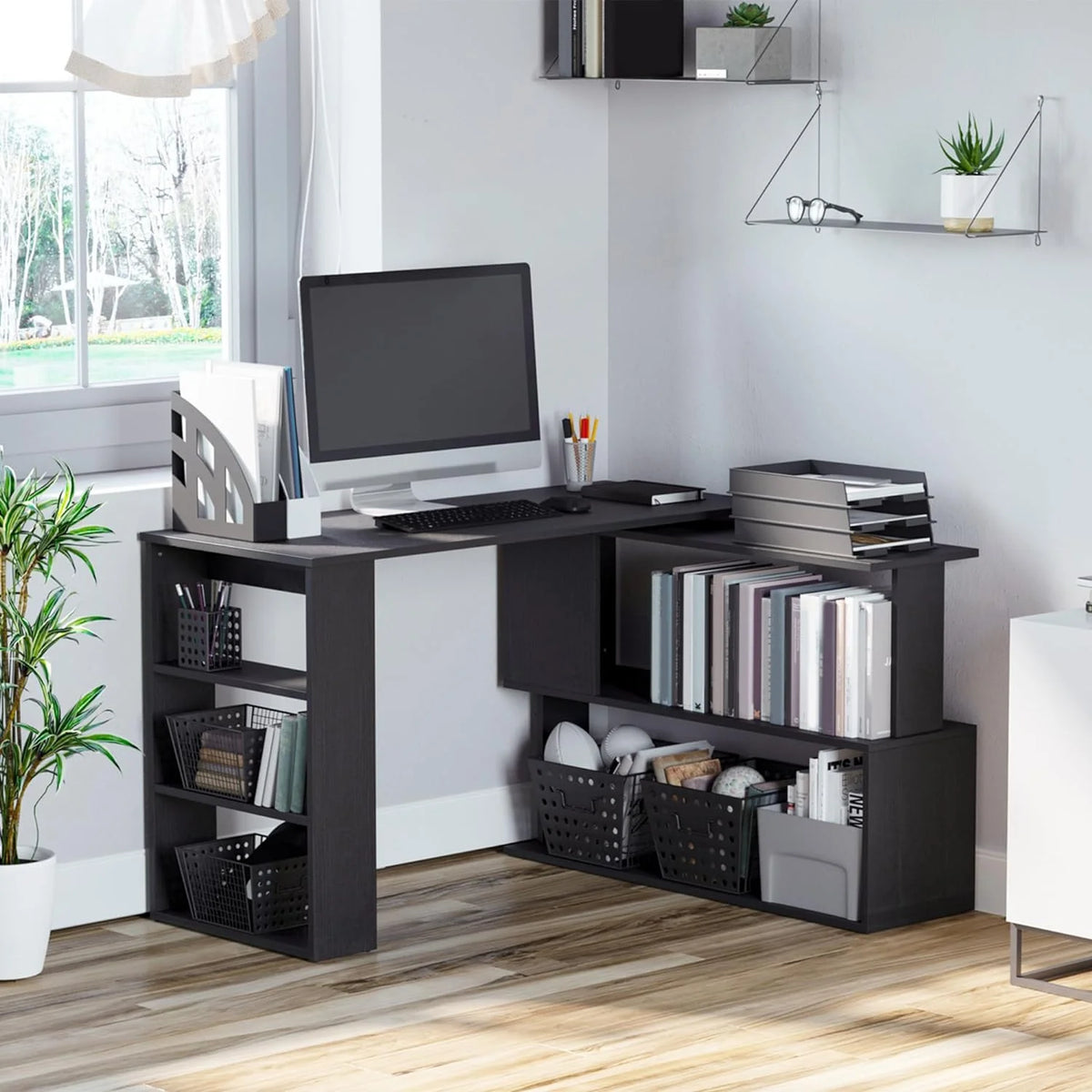 L Shaped Corner Desk with Storage Shelves, Black K339855