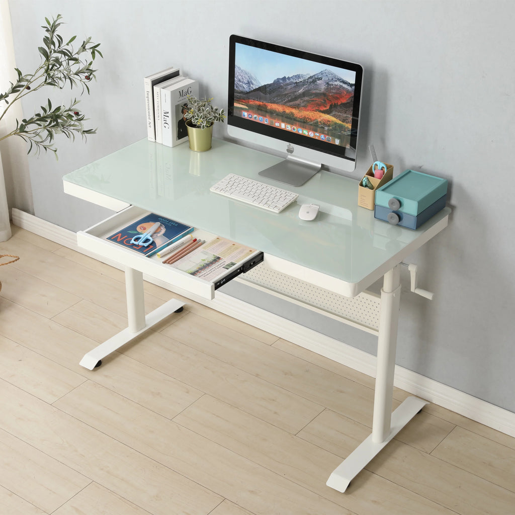 Tempered Glass Adjustable Height Standing Desk with Metal Drawer D13738