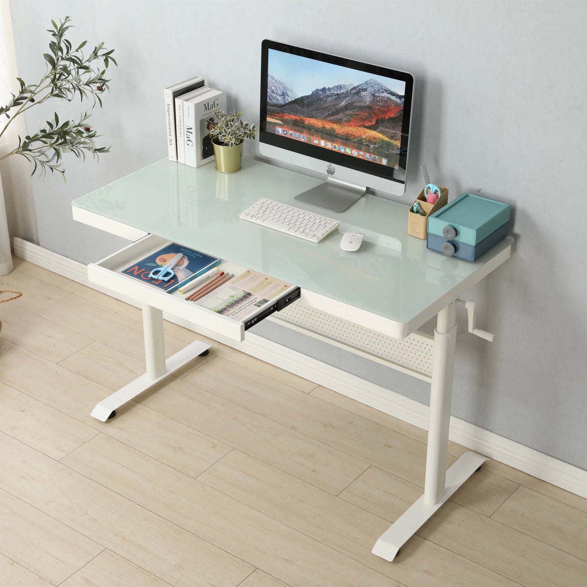 Tempered Glass Adjustable Height Standing Desk with Metal Drawer D13738