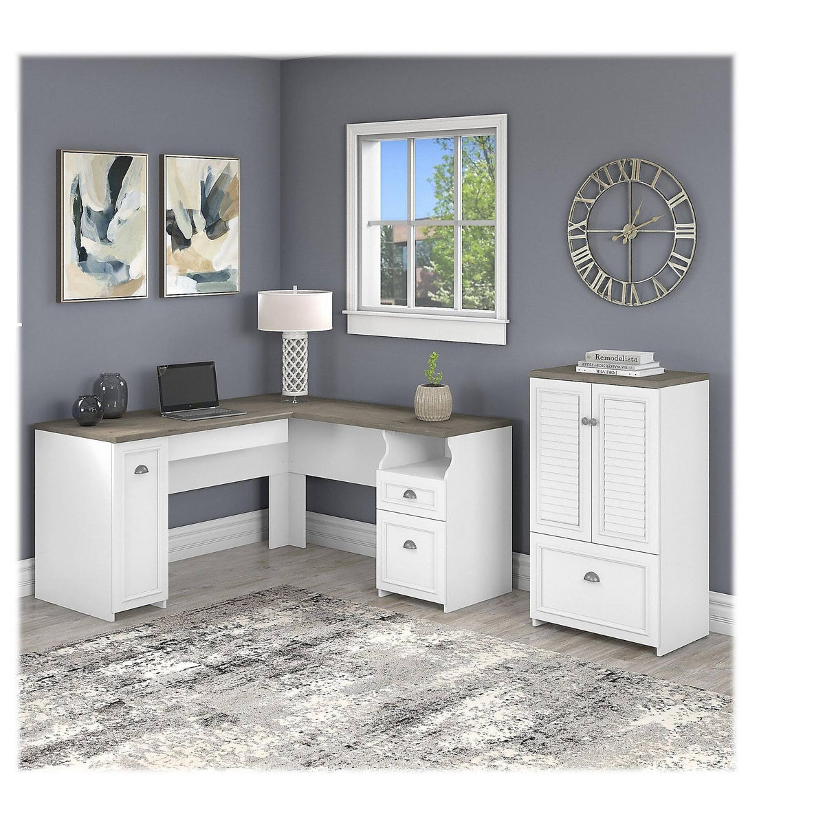 Gray L Shaped Desk with Storage Cabinet and File Drawer N61458