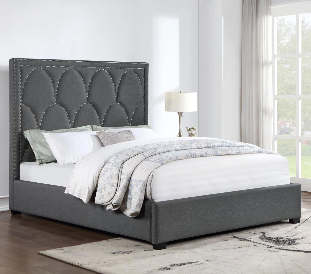 Upholstered Bed with Nailhead Trim Charcoal E6229