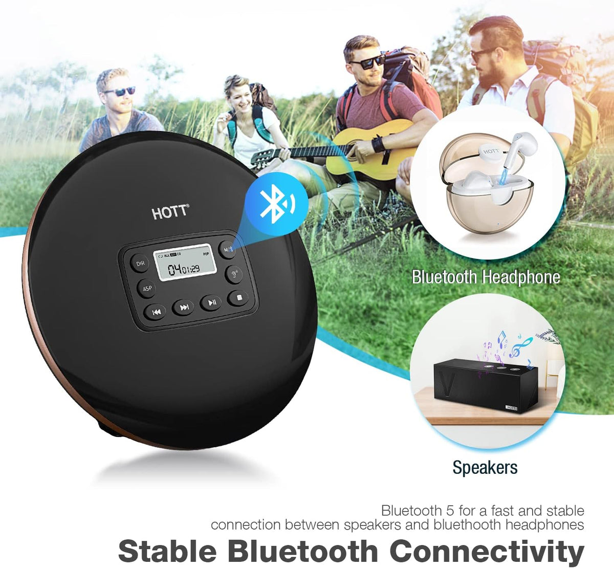 Portable Bluetooth CD Player Rechargeable Black Q9646