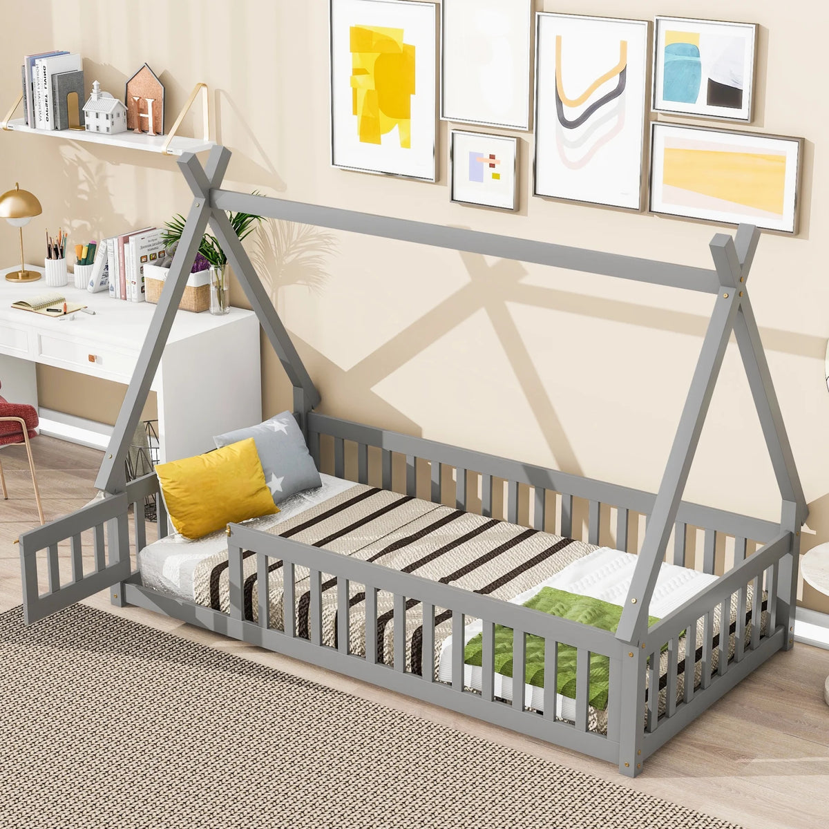 Twin Size Grey Wooden Floor Bed with Guardrail M2995