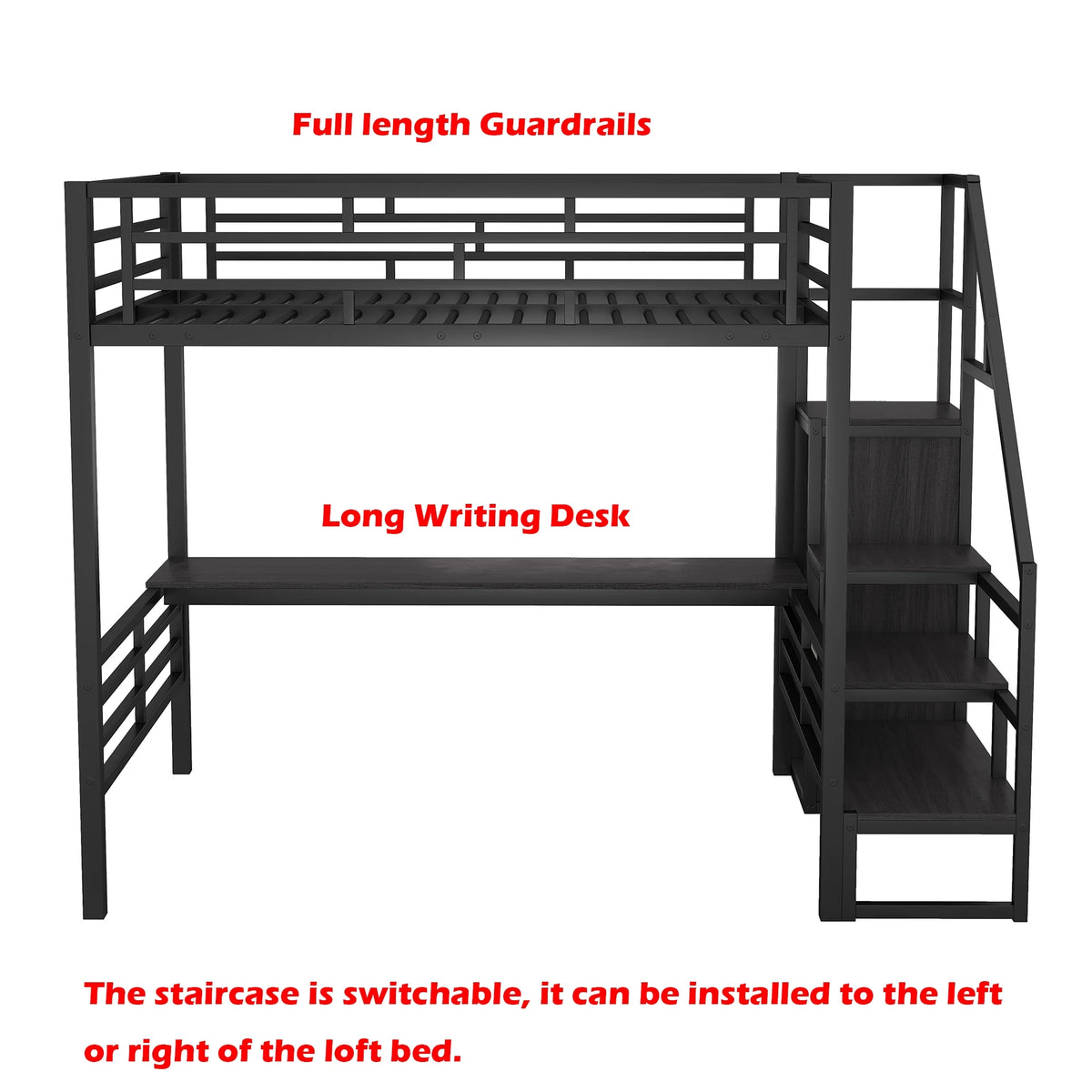 Full Size Black Metal Loft Bed with Storage Staircase and Desk V32560