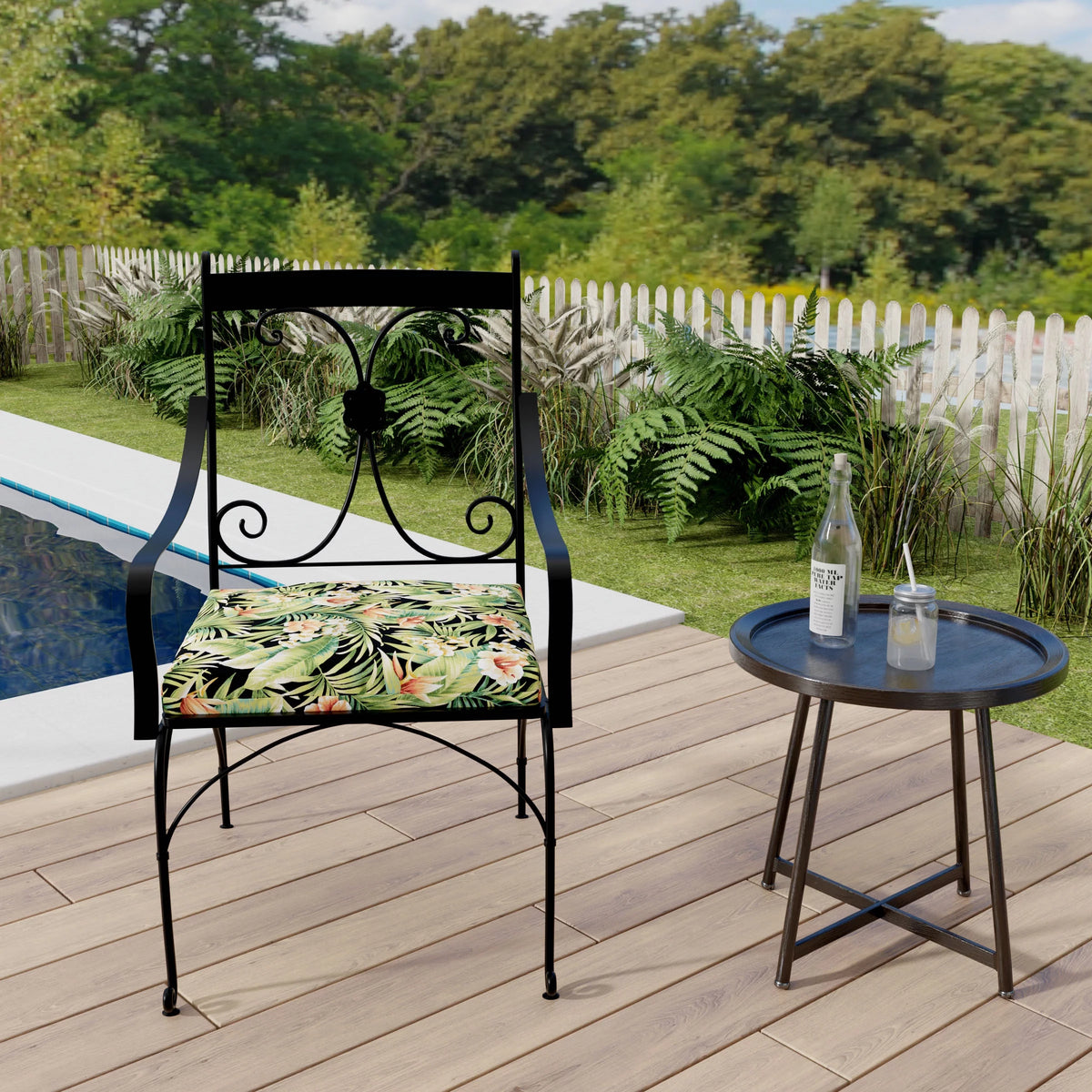 Black Leaves Rectangular Outdoor Chair Pad Seat Cushion with Ties, 2 Pack F33843