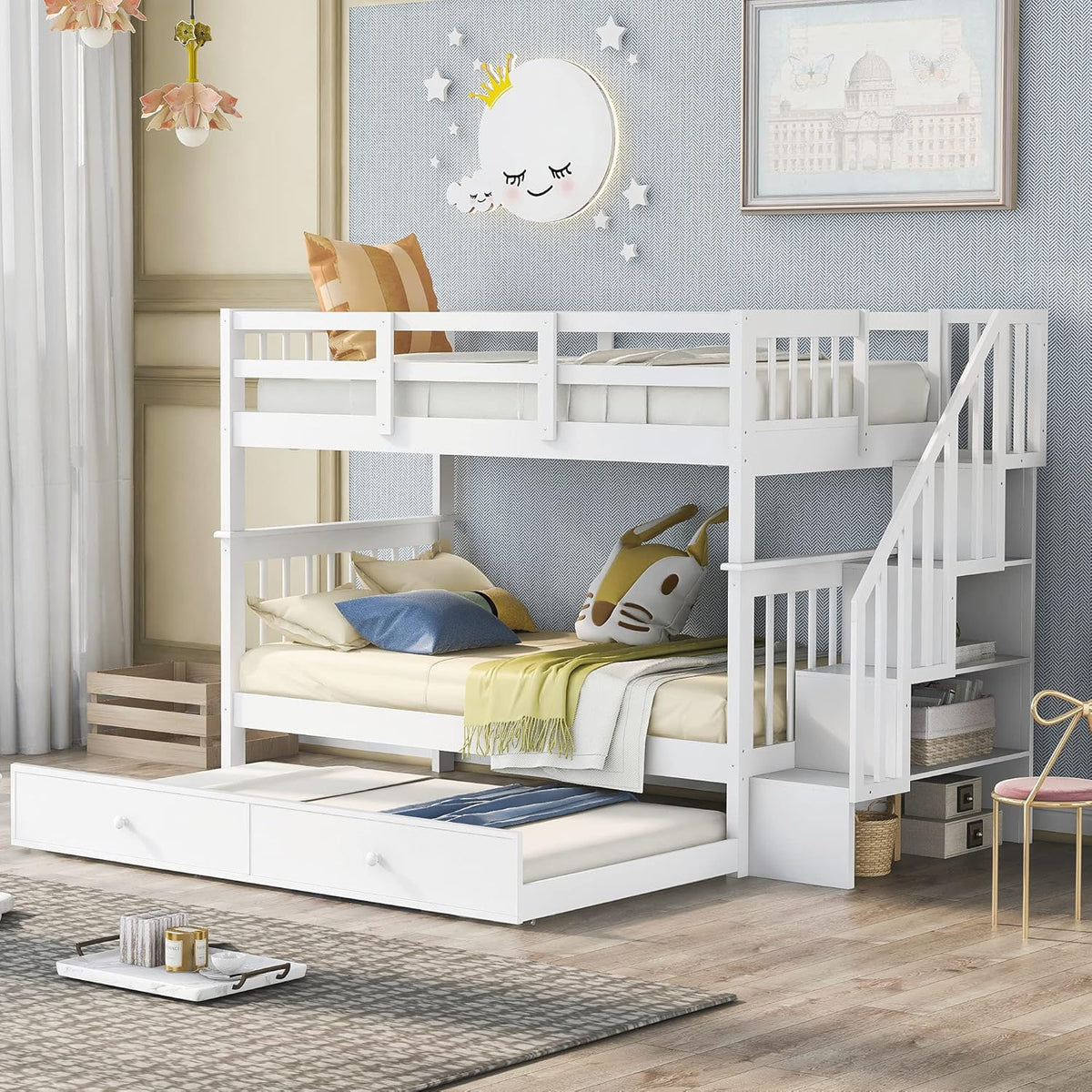 Solid Wood Twin-Over-Twin Bunk Bed with 3 Storage Drawers and Safety Guard Rail (Walnut) K1066